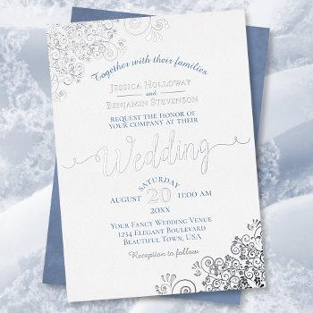 elegant silver lace & dusty blue on white wedding  foil invitation