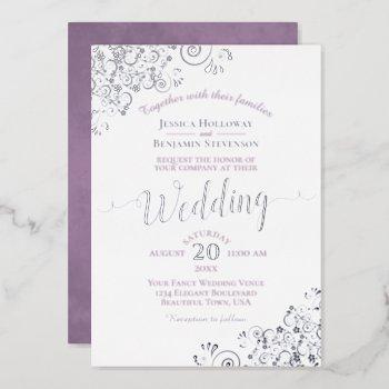 elegant silver lace & lavender on white wedding foil invitation