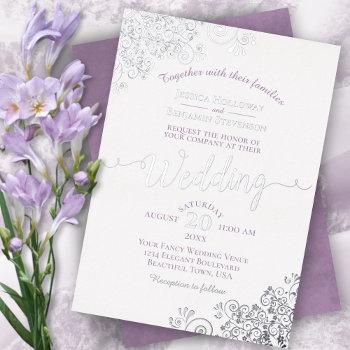 elegant silver lace & lavender on white wedding foil invitation