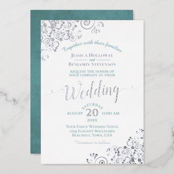 elegant silver lace & teal on white wedding foil invitation