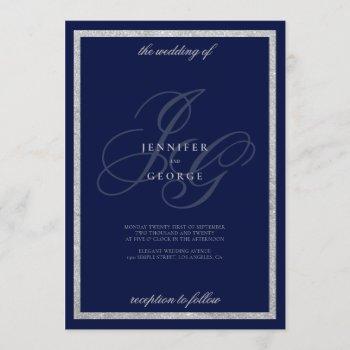 elegant silver navy blue monogram initals wedding invitation