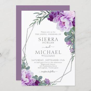 elegant silver & purple floral eucalyptus wedding invitation