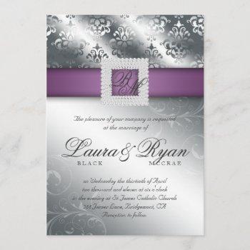 elegant silver wedding damask jewels purple invitation
