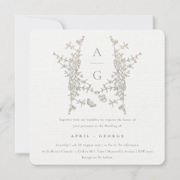 elegant simple botanical crest monogram wedding invitation