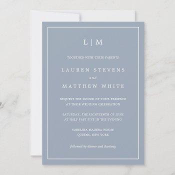 elegant simple monogram dusty blue wedding invitation