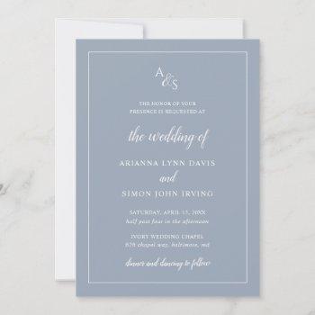 elegant simple monogram formal dusty blue wedding invitation
