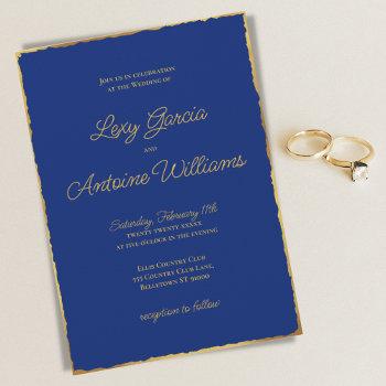 elegant simple royal blue luxe gold edge wedding invitation