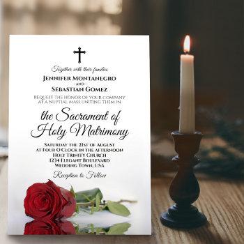 elegant single red rose modern catholic wedding invitation