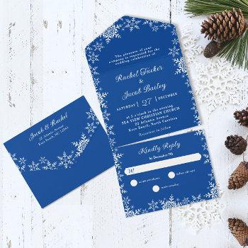 elegant snowflakes border deep blue winter wedding all in one invitation