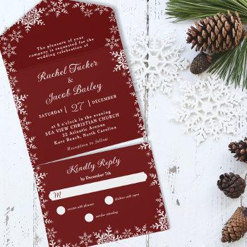 elegant snowflakes border red christmas wedding all in one invitation