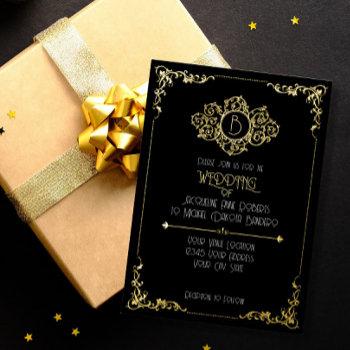 elegant sophisticated art deco black gold wedding  foil invitation