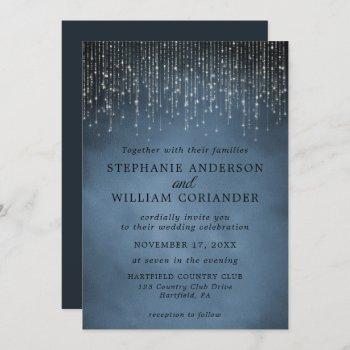 elegant sparkling string lights navy blue wedding invitation