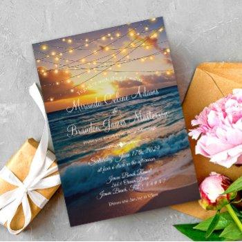 elegant string lights summer sunset beach wedding invitation