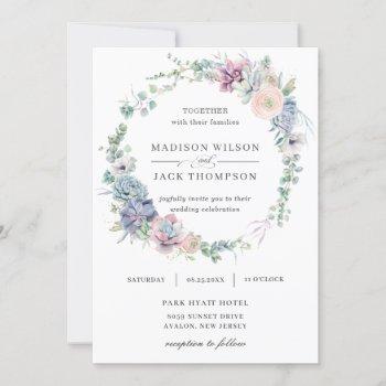 elegant succulents greenery floral wreath wedding invitation