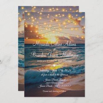 elegant summer sunset beach string lights, wedding invitation