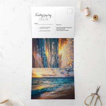 elegant summer sunset beach string lights wedding tri-fold invitation
