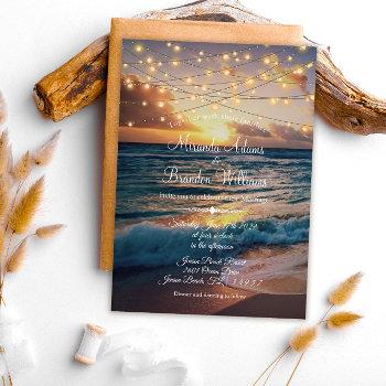 elegant summer sunset string lights beach wedding invitation