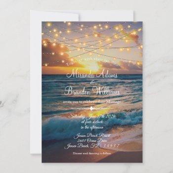 elegant sunset beach string lights summer wedding invitation