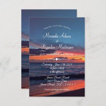 elegant sunset tropical beach summer wedding invitation