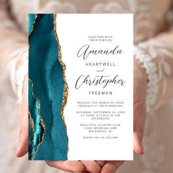 elegant teal gold agate script wedding invitation
