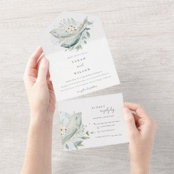elegant teal gold underwater floral fish wedding all in one invitation