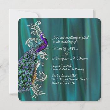 elegant teal satin and peacock wedding invitation