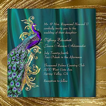 elegant teal satin and peacock wedding invitation