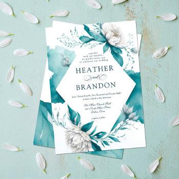 elegant teal white watercolor floral peony wedding invitation