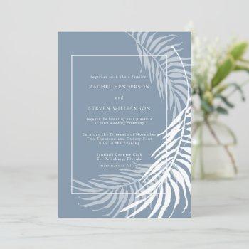 elegant tropical dusty blue and white wedding invitation