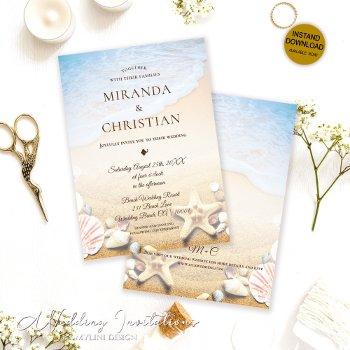 elegant tropical starfish beach wedding invitation