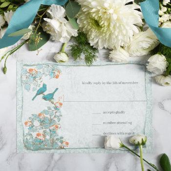 Small Elegant Turquoise Coral Birds Damask Wedding Rsvp Front View