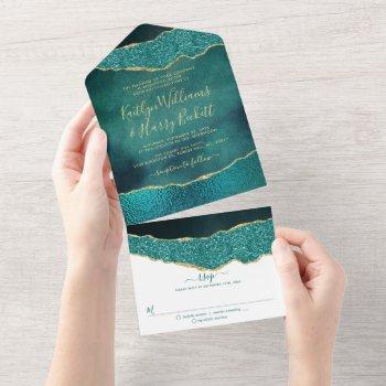 elegant turquoise & gold agate wedding all in one invitation