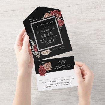 elegant unique red rose botanical wedding black all in one invitation