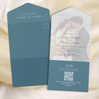 Small Elegant Vellum Photo Overlay Blue | Qr Code Rsvp All In One Front View