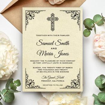 elegant vintage cross christian wedding invitation