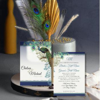elegant vintage peacock feathers navy blue wedding invitation