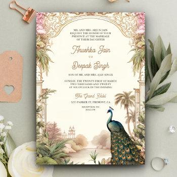elegant vintage peacock garden indian wedding invitation