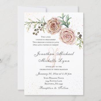 elegant vintage pink roses christian wedding invitation