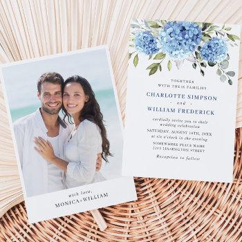 elegant watercolor blue hydrangea photo wedding invitation