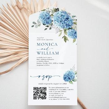 Small Elegant Watercolor Blue Hydrangea Qr Code Wedding All In One Front View