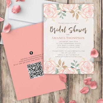 elegant watercolor blush floral foliage qr code invitation
