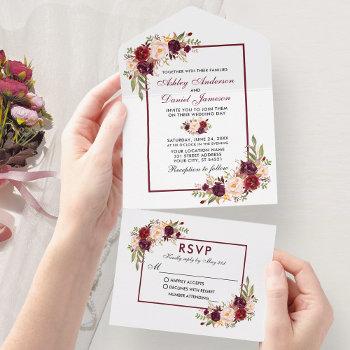 elegant watercolor burgundy floral wedding all in one invitation