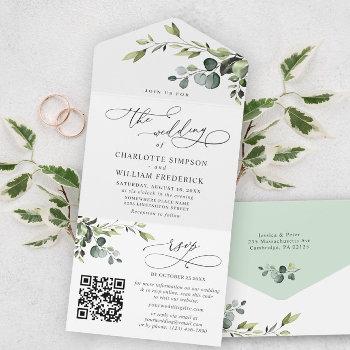 elegant watercolor eucalyptus greenery wedding qr all in one invitation