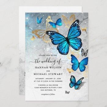 elegant watercolor gold blue butterfly wedding invitation