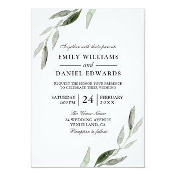 Small Elegant Watercolor Green Leaf Wedding Invite Front View