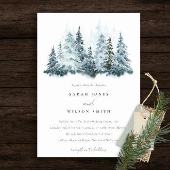 elegant watercolor snow winter forest pine wedding invitation