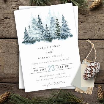 elegant watercolor snow winter forest pine wedding invitation