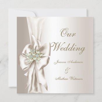 elegant wedding damask pearl cream white bow invitation