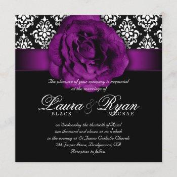 elegant wedding damask purple rose black white invitation