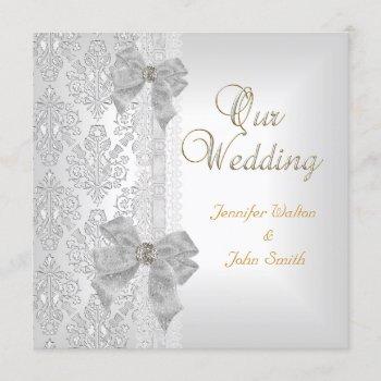 elegant wedding damask silver white bow set invitation